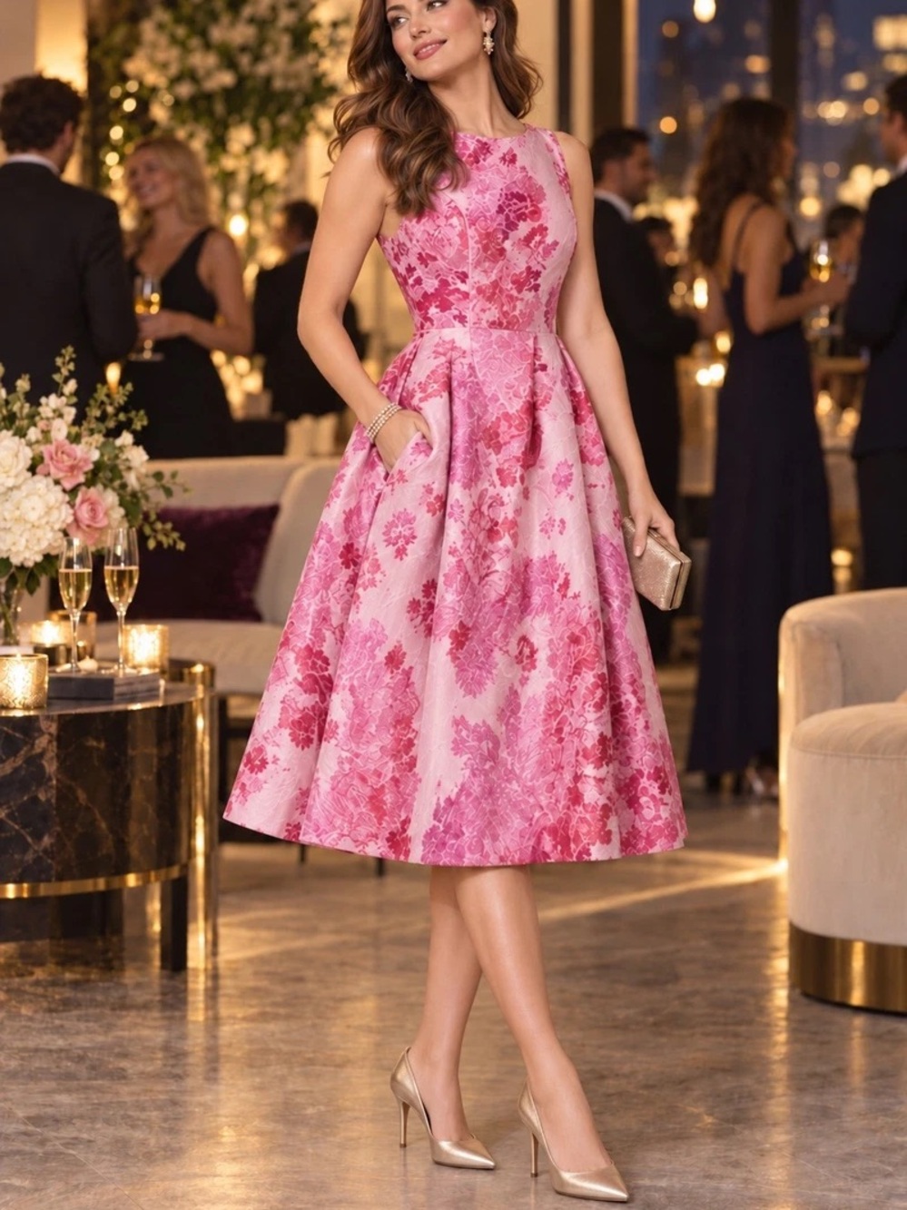 White House Black Market Pink Floral Midi Fit-and-Flare Dress